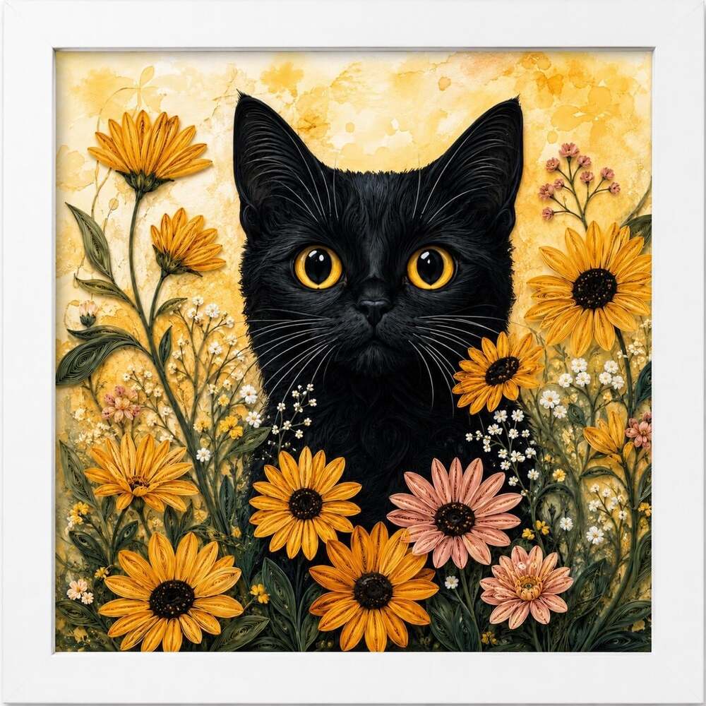 8 X 8 Framed Black Cat Floral 6884